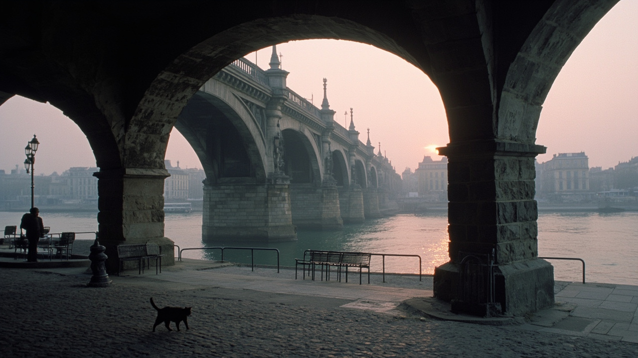 The stone arches of an old Parisian bridge at dawn in soft light, the Seine quiet below, a few empty early-morning chairs on the quayside.