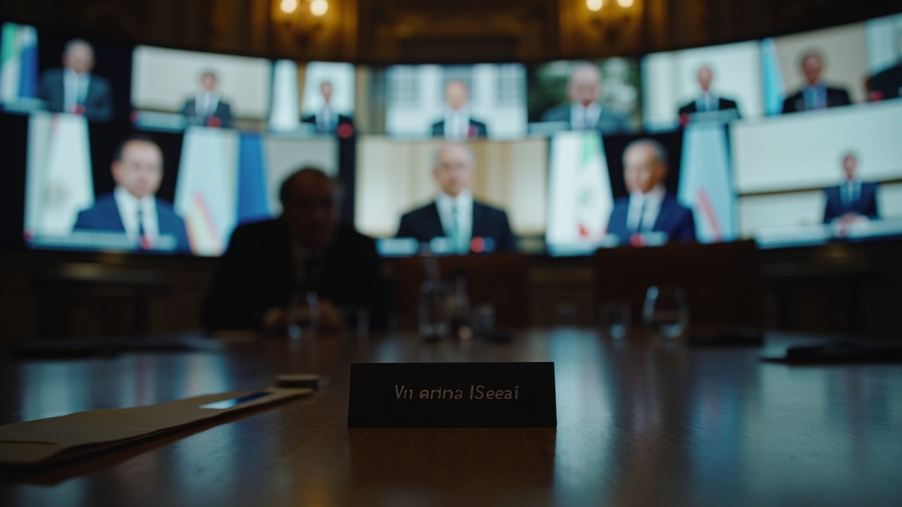 Elysée conference room with European defence ministers on videoconference screens, an empty chair labelled 'United States' at the far end of the table.