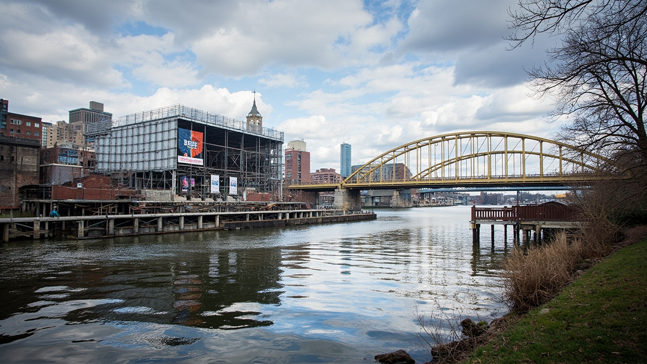 Pittsburgh's Point State Park with the Mon and Allegheny rivers visible, stage scaffolding under construction, Fort Duquesne Bridge in background