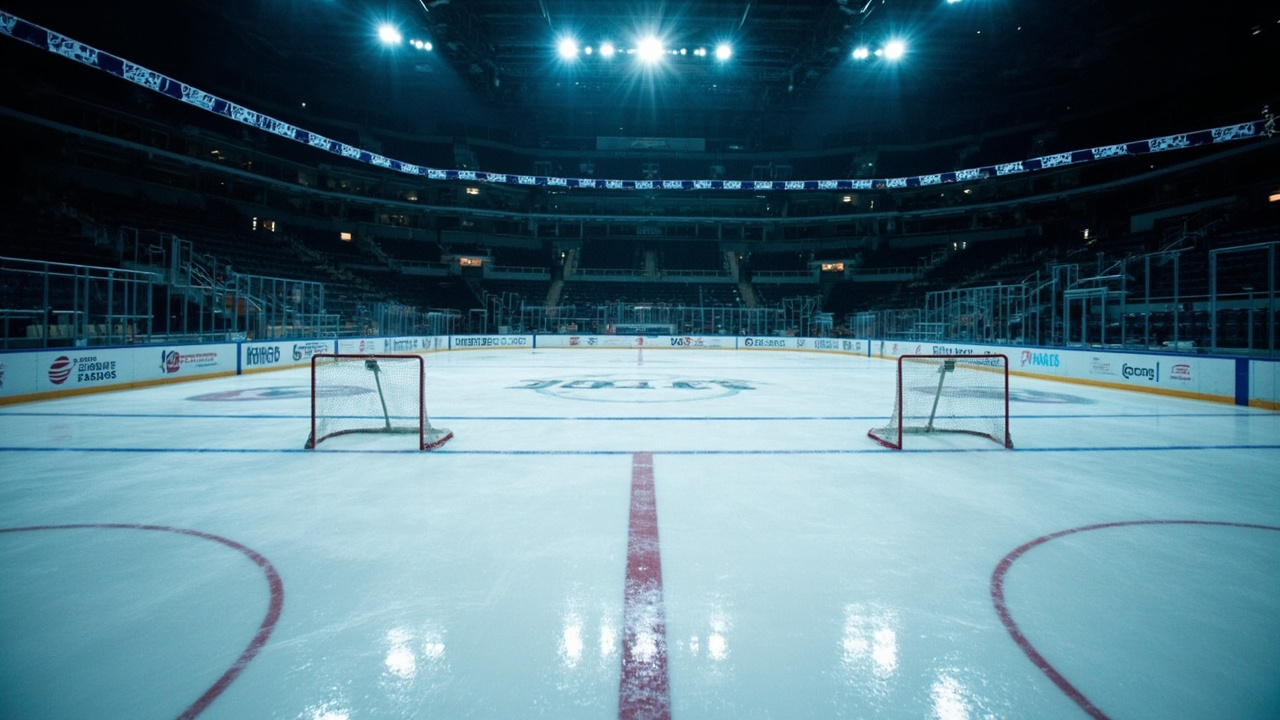 Freshly flooded NHL ice rink under bright arena lights before warmups with two hockey nets in place