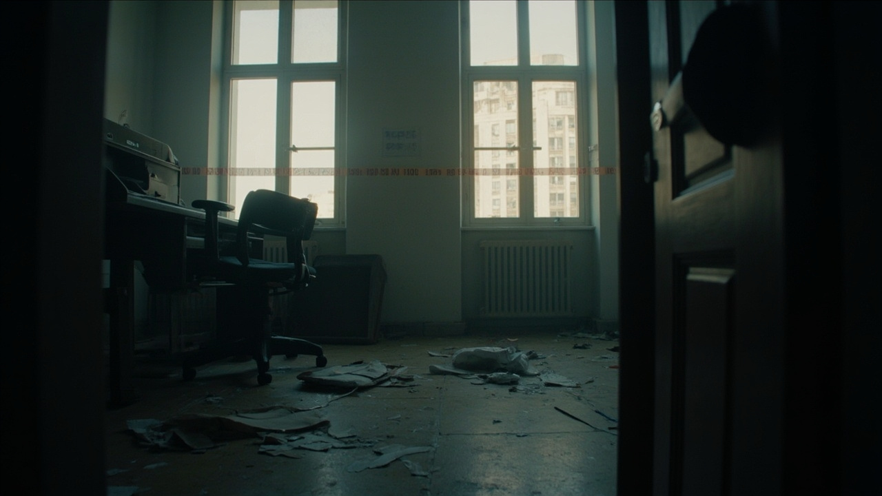 An empty Moscow newsroom at dawn, overturned chair at a desk, printer paper on the floor, police tape fragments still on a doorframe