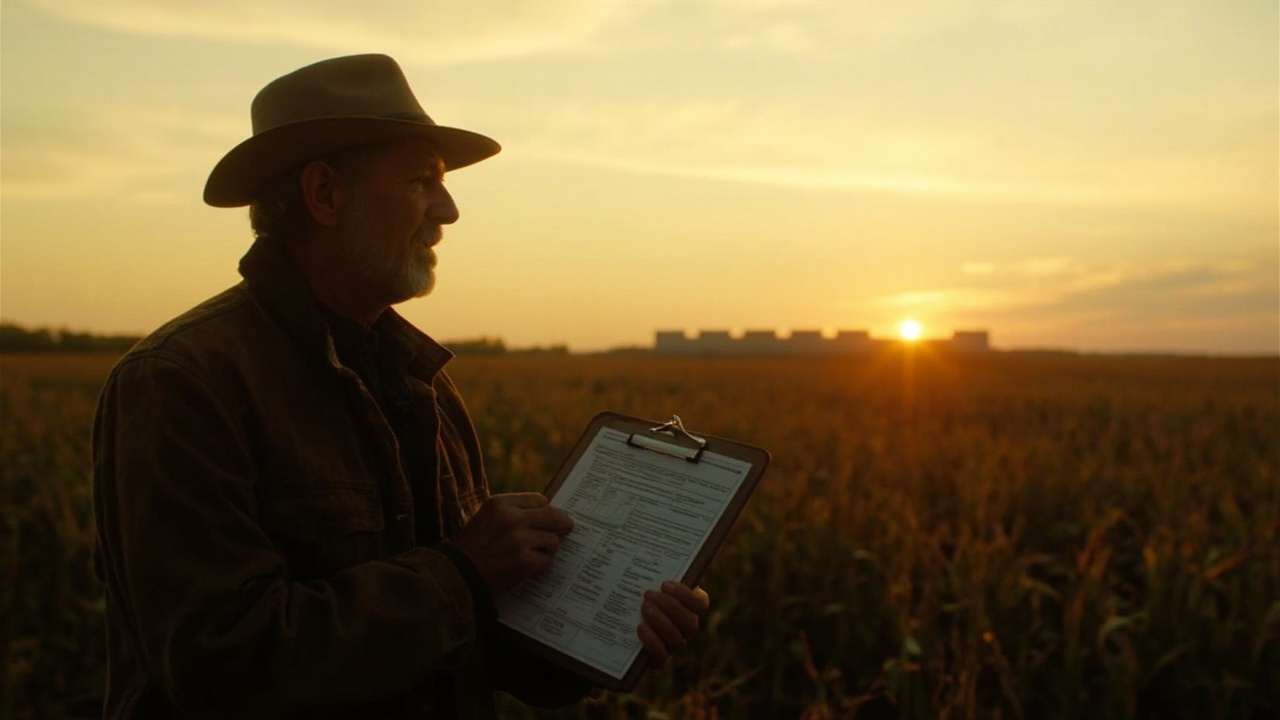 A rural Ohio farmer holding a clipboard with a petition, a hyperscale data center's silhouette visible across a field at dawn.