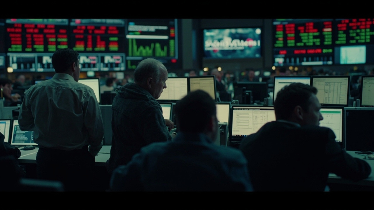 A trading floor at close of day Friday, screens showing Brent red numbers, traders gathered at a single monitor, a Reuters headline visible