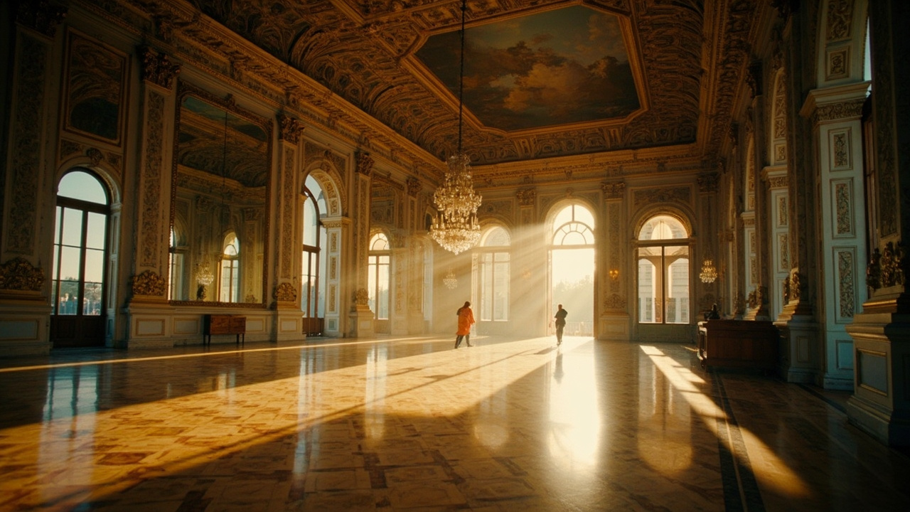 Grand mirrored hall at the Palace of Versailles in late afternoon light, gilt ceiling, parquet floor, single camera dolly track visible