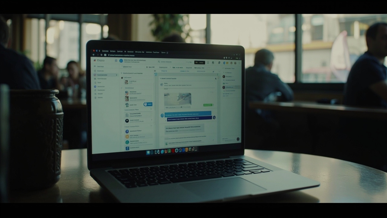 Laptop on a café table in Sydney at late afternoon, ChatGPT interface visible with a small ad banner at screen edge