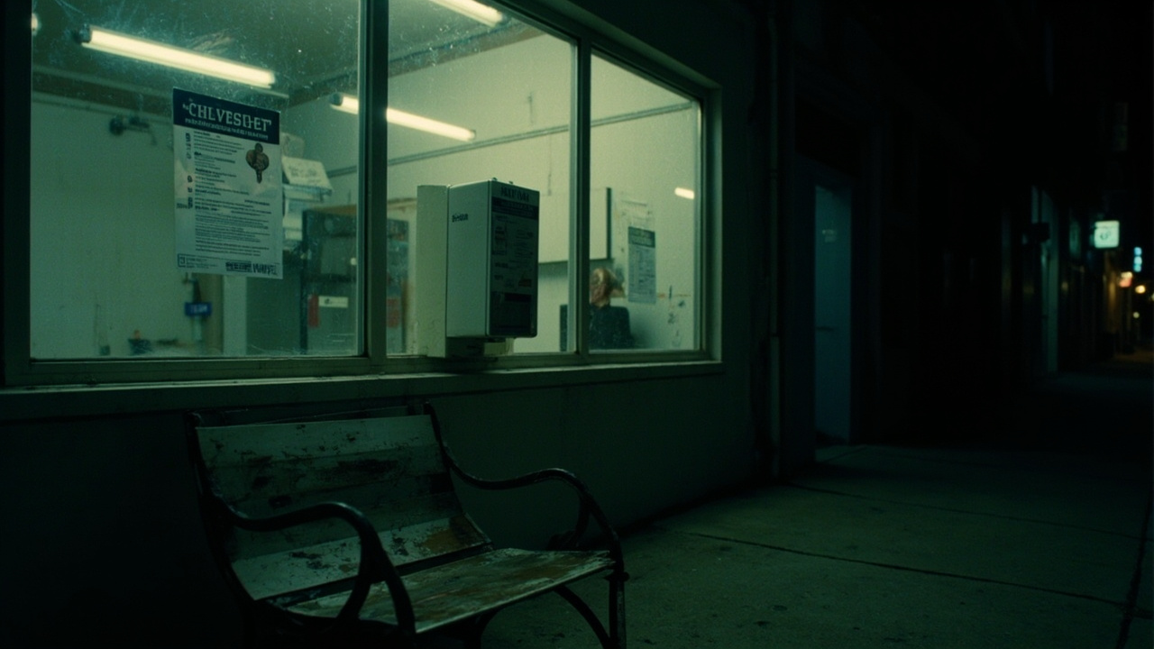 A naloxone vending dispenser on an exterior hospital wall at night with a worn bench nearby and a paper flyer taped to the glass.