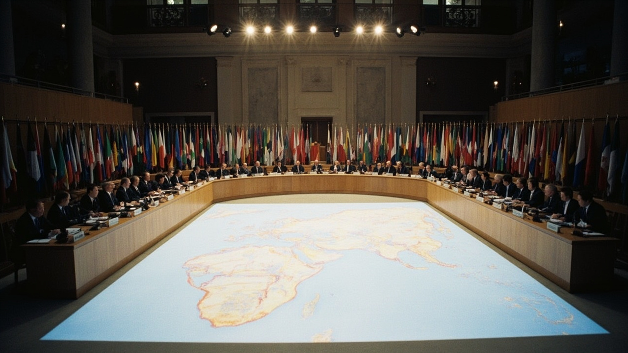 A Paris conference room at the Élysée, a crescent of national flags, delegations seated behind placards, a large Mediterranean map projected at the front