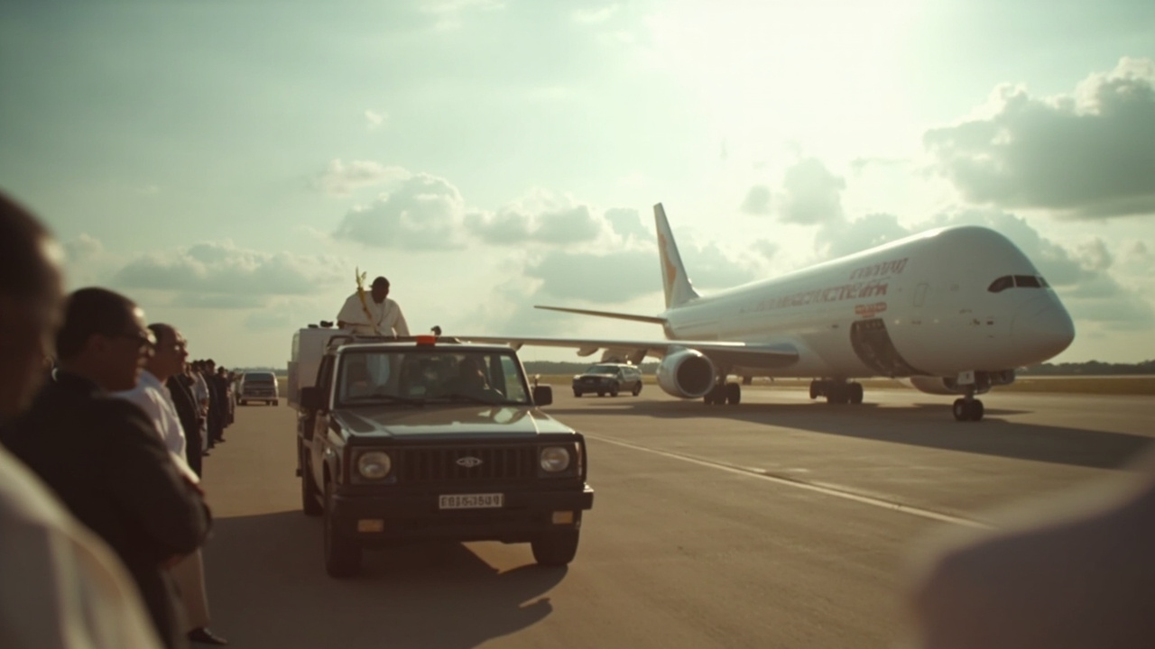 A papal motorcade leaving Yaoundé airport tarmac at midday, the white papal aircraft visible behind, Cameroonian officials on the edge of the frame