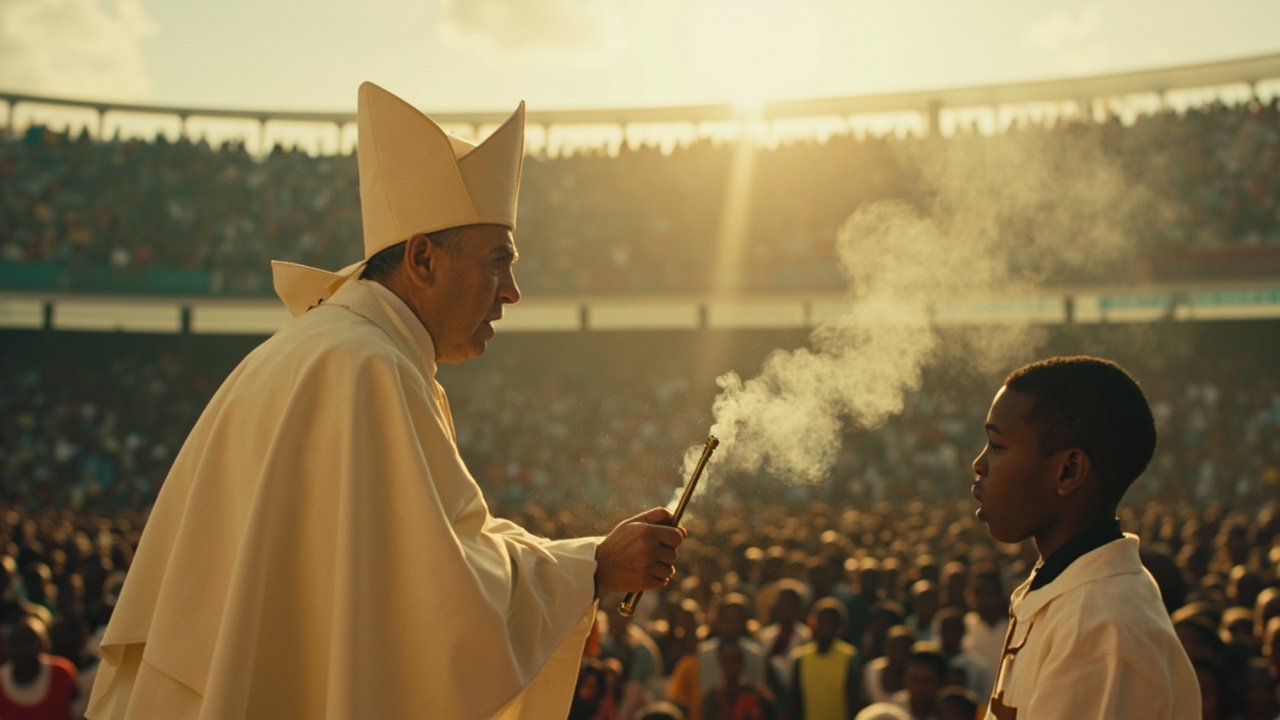 Pope Leo XIV in white cassock addressing a vast congregation in Douala under late-afternoon sun, incense rising.