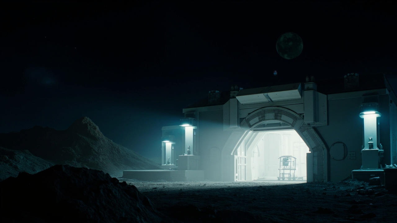 A lunar research station exterior at night, cold fluorescent light spilling from an airlock, a crater rim dimly lit in the background.