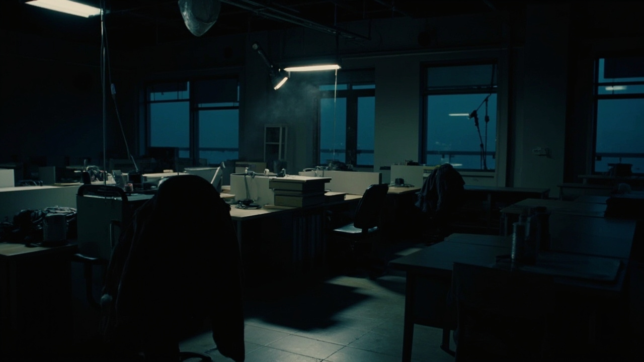 A newsroom at dusk with empty desks, a darkened broadcast booth behind glass, a single overhead light still on above a microphone.