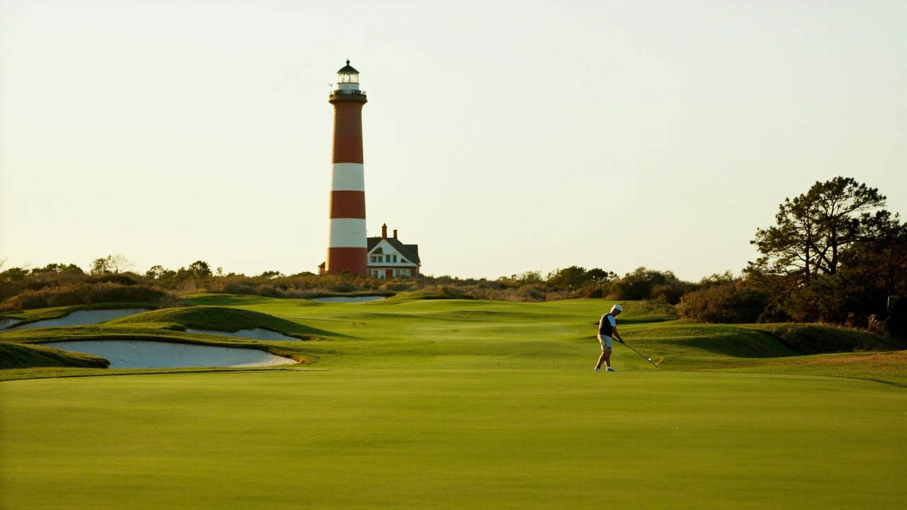 Harbour Town Golf Links 18th green with lighthouse and flag in soft Low Country morning light