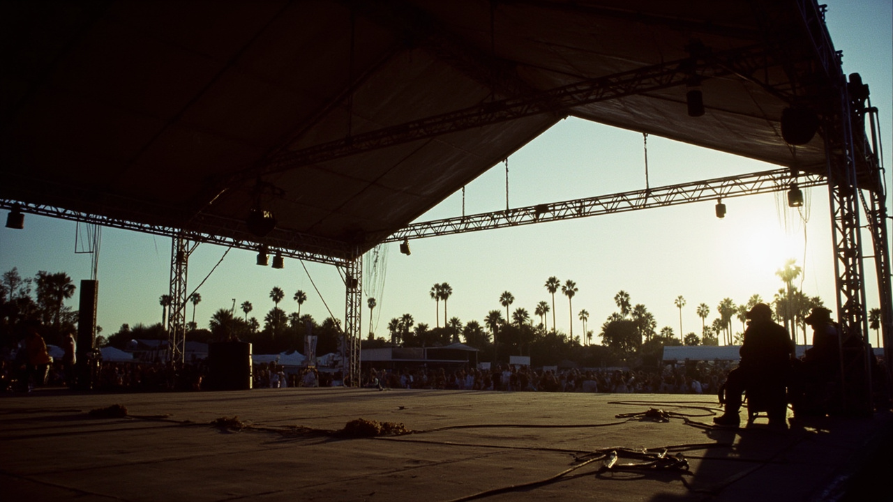 Empty Sahara tent stage at a California desert festival in late afternoon light
