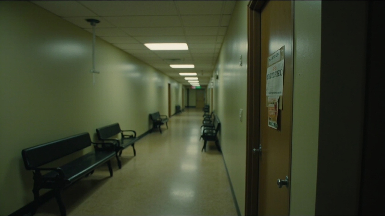 A federal office corridor at end of day, fluorescent lights, empty benches, a single nameplate on a door that has been covered with a taped paper notice