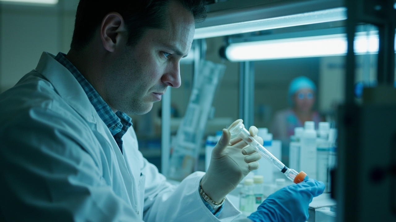 A compounding pharmacist in a white coat preparing single-dose GLP-1 vials under a laminar flow hood