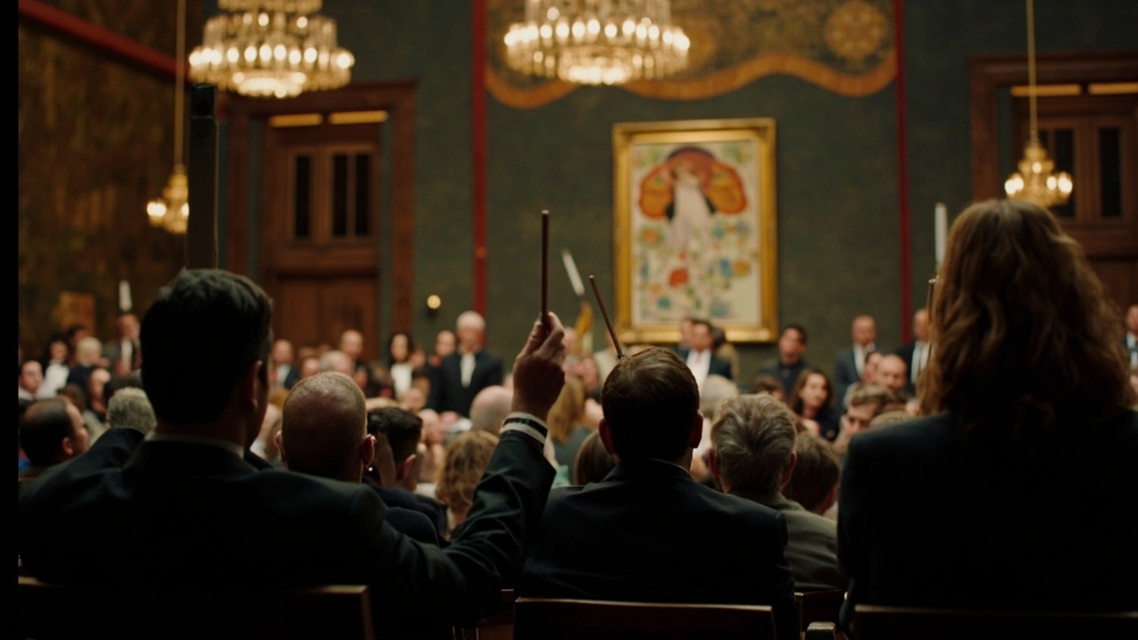 A Sotheby's sale-room interior with bidding paddles raised, chandelier lighting, and a large framed Klimt portrait on the wall behind the lectern