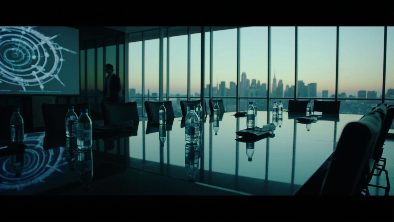 A corporate conference room at night with a long polished table, pitch decks fanned across each seat, a projector glowing with a satellite constellation diagram.