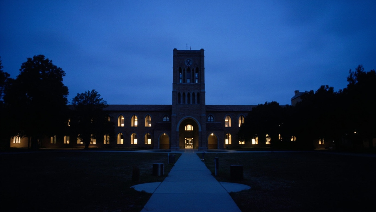 Stanford University Hoover Tower at dusk seen across an empty quad with student carrels in the foreground