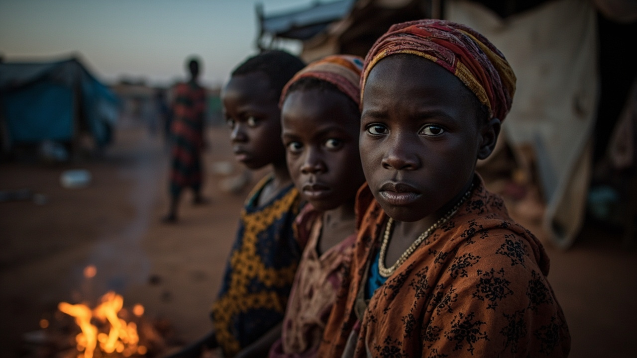 A displaced Sudanese family at a shelter camp at dusk, tarpaulin roofing, cooking fire, rendered without the spectacle of ruin