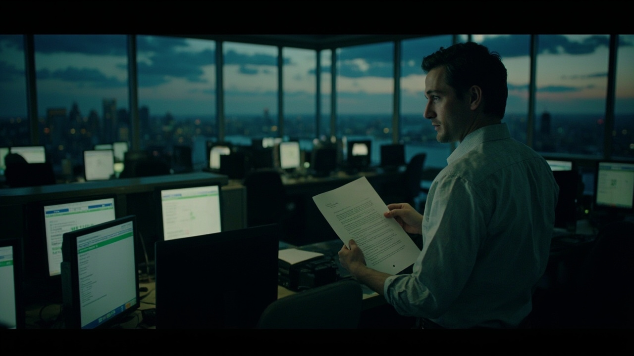 A midtown Manhattan trading floor at dusk with screens dimmed and a single analyst standing before an empty desk holding a printed quarterly letter.