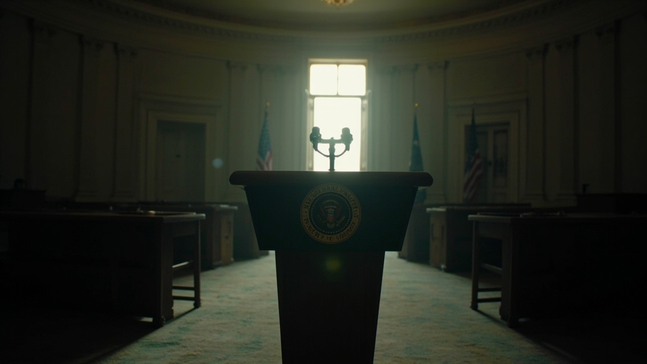 White House press briefing room empty on Saturday morning, lectern seal visible, low light through west window