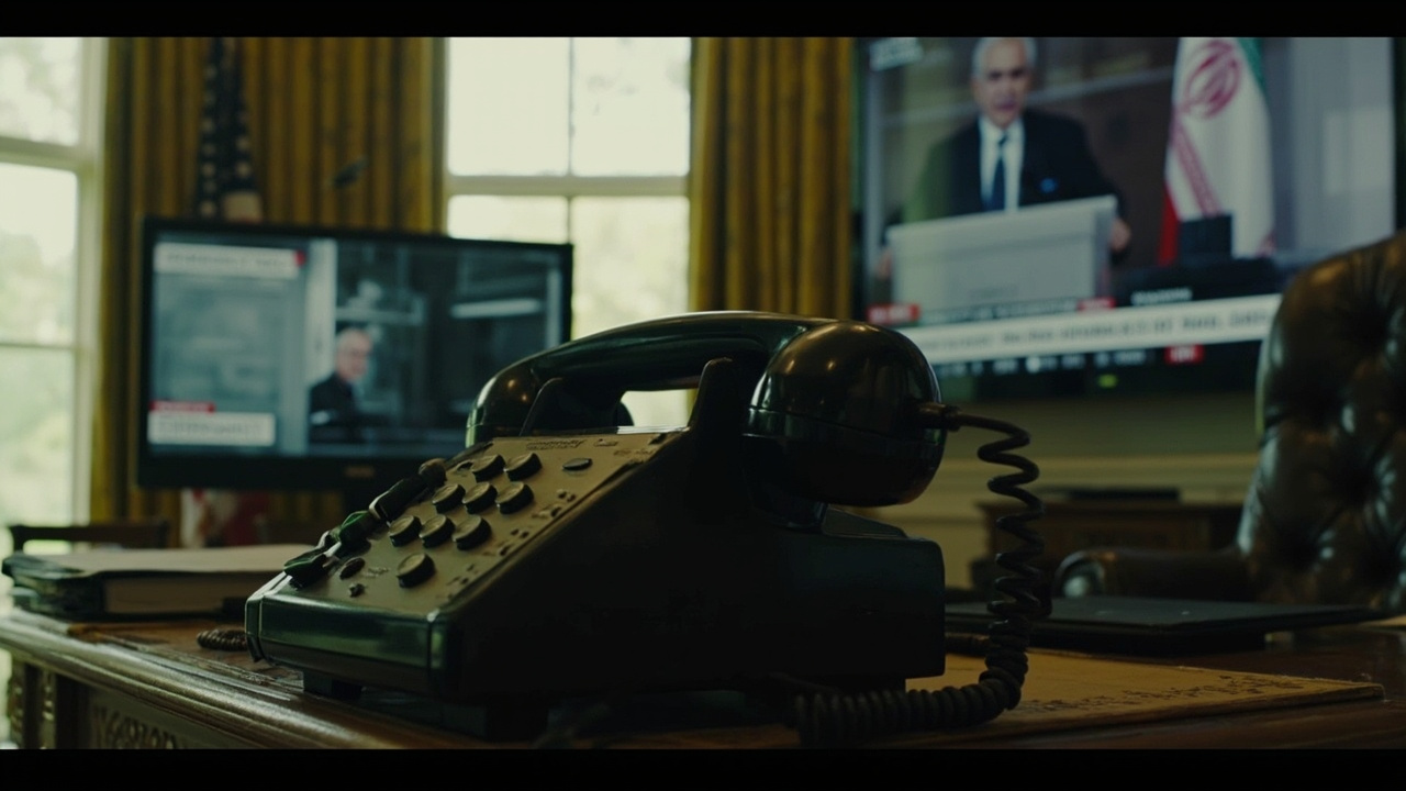 Phone receiver on a gilded Oval Office desk, a Reuters transcript and a Tehran state-TV monitor split-screened behind it.