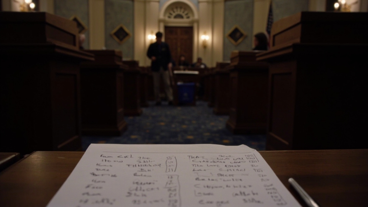 Empty House chamber after 2am vote, roll-call sheet on a desk showing 20 names highlighted.
