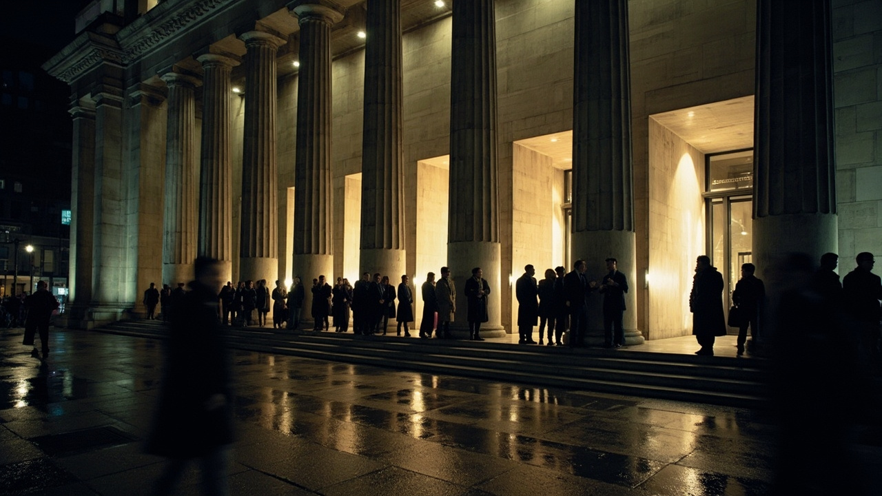 A new museum facade at night with dramatic lighting, a queue of visitors in coats waiting at the entrance, reflective puddles on the paving.