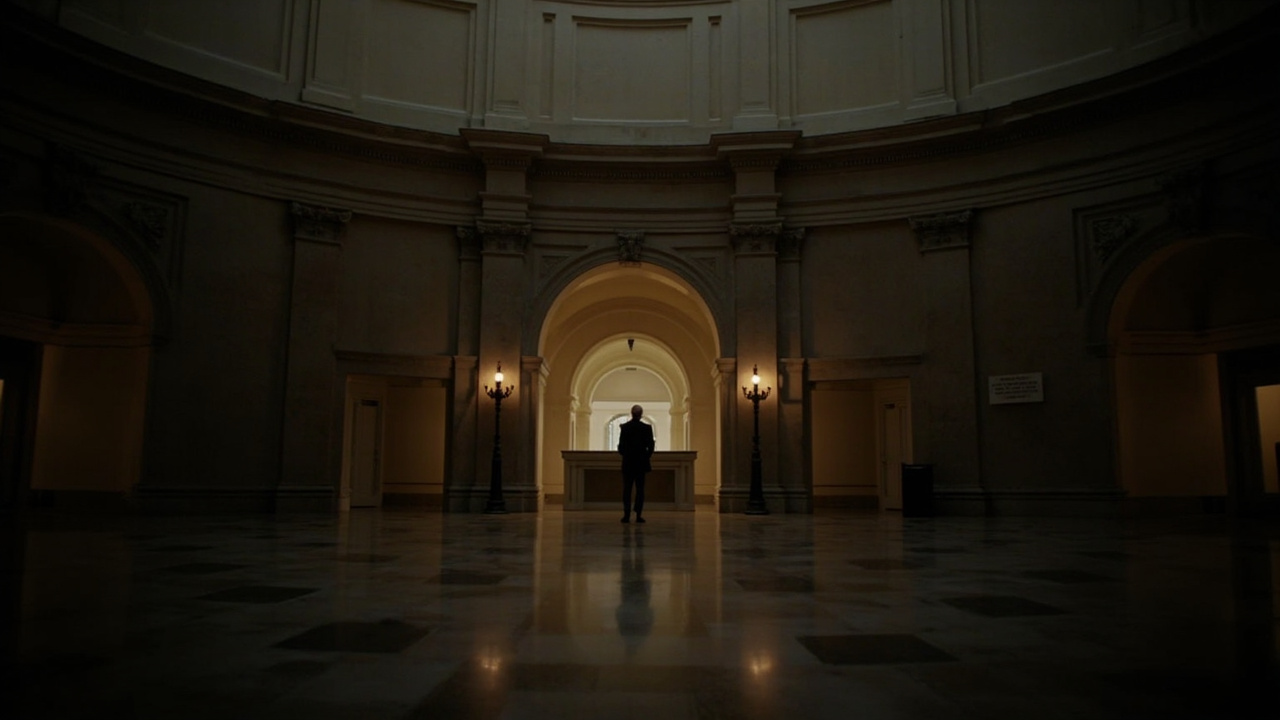 A quiet Capitol rotunda at dusk, a single visitor in silhouette, an unstaffed welcome desk, the dome's interior light warm