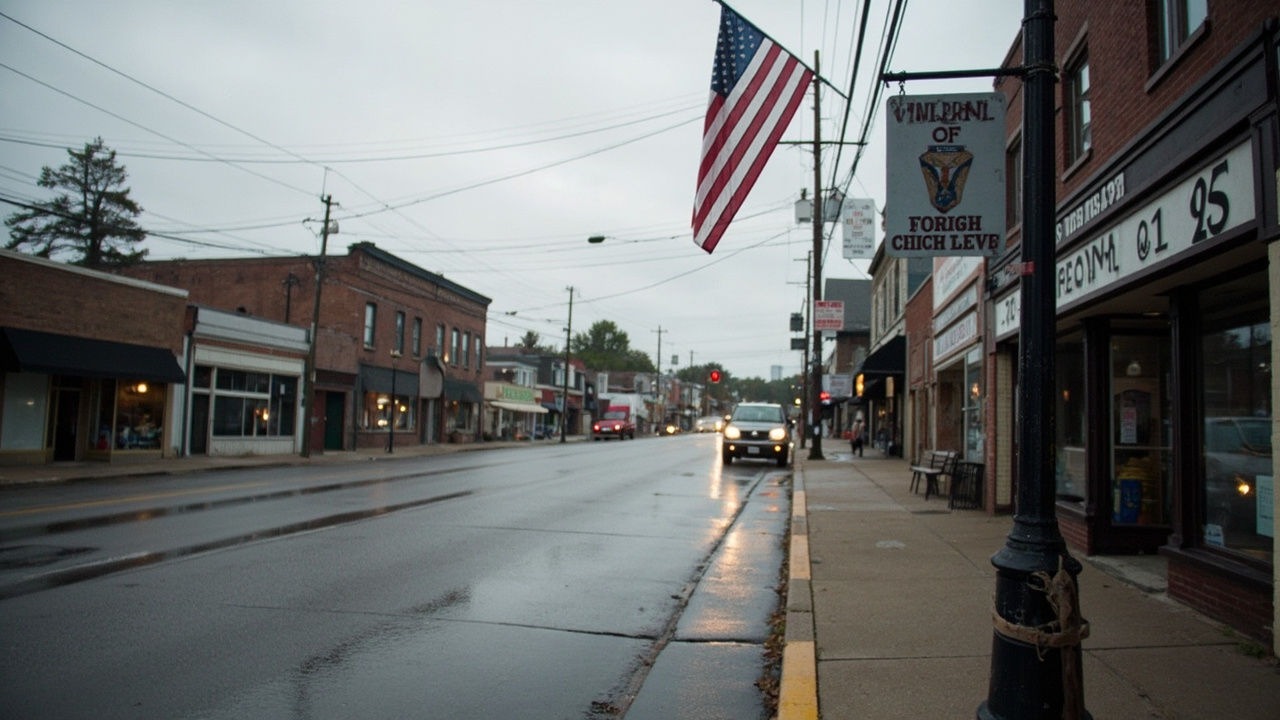 A small-town main street in central Maine at midday, an American flag, a Veterans of Foreign Wars post sign, wet pavement