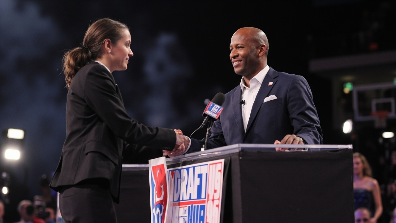 A draftee wearing a team hat being shaken hand on stage, a WNBA logo backdrop behind, flashes from photographers.