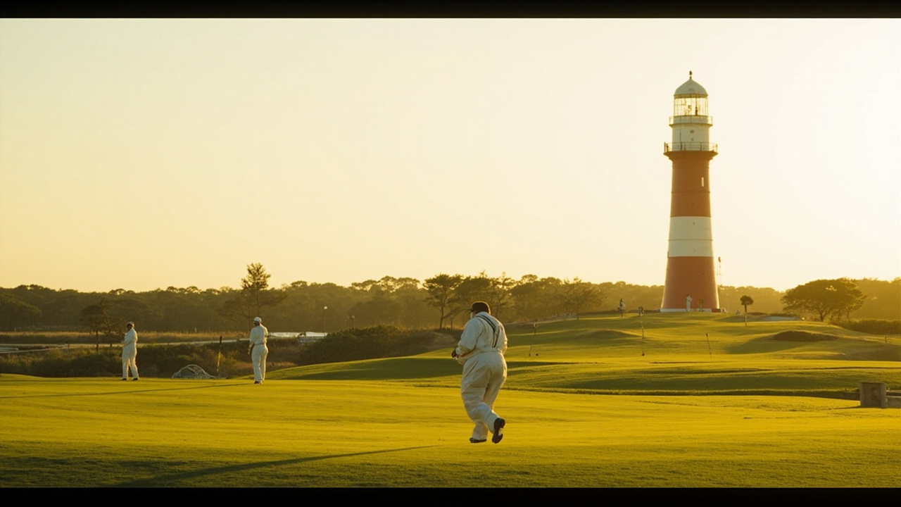 Harbour Town's 18th with the red-and-white lighthouse in the background, afternoon light, marshals setting gallery ropes, a lone caddie walking across the fairway.