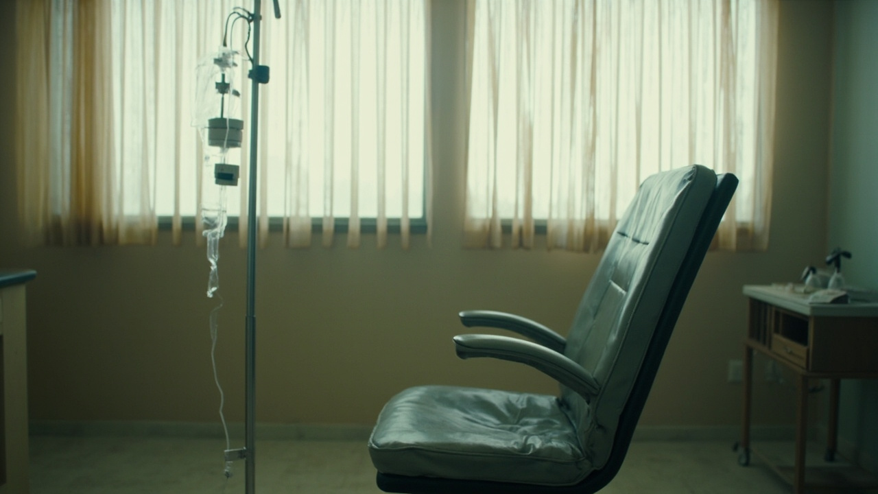 An empty infusion chair in a clinic, gray vinyl, IV pole without a bag hanging, morning light through vertical blinds.