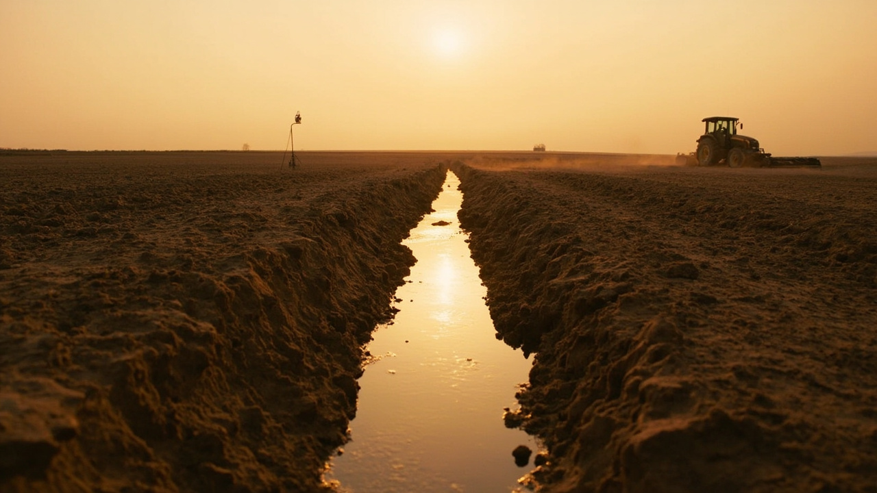 A dry irrigation ditch cutting across a Central Valley field in late afternoon, cracked earth, an empty standpipe, sepia wildfire haze on the horizon.