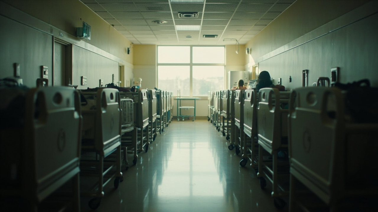 An empty hospital maternity ward with rows of vacant bassinets, soft morning light through a window, nurses' station unattended, documentary realism.