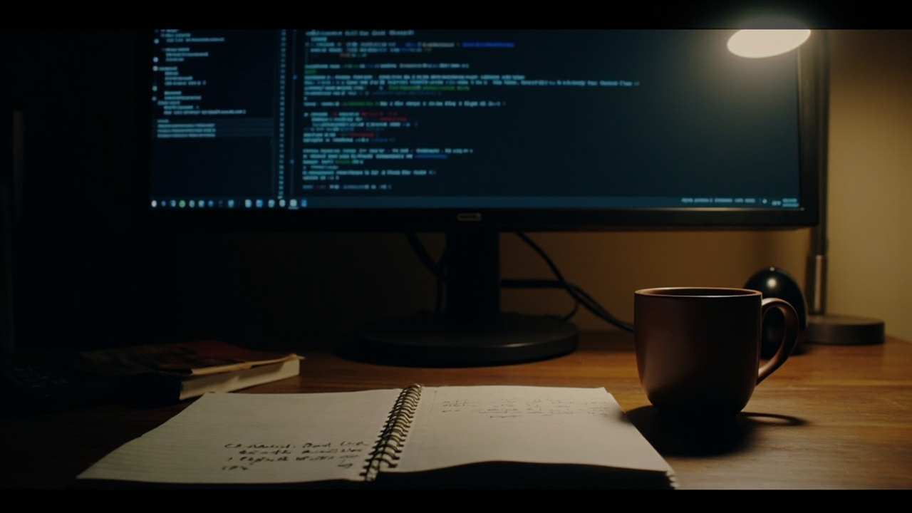 A developer's desk with a monitor showing terminal output and Claude Code, open notebook with handwritten notes