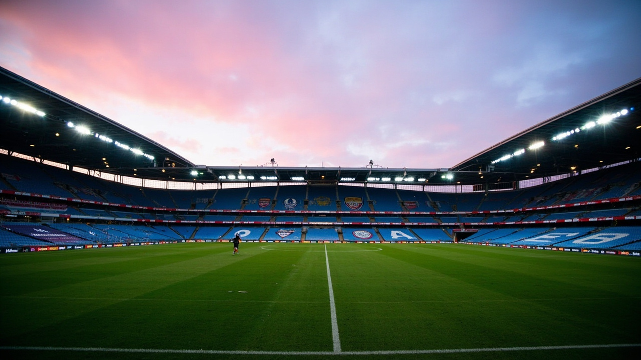 Wide view of the Etihad pitch from the Colin Bell Stand at dusk, empty before kick-off, a single groundskeeper running a line, the sky pink.