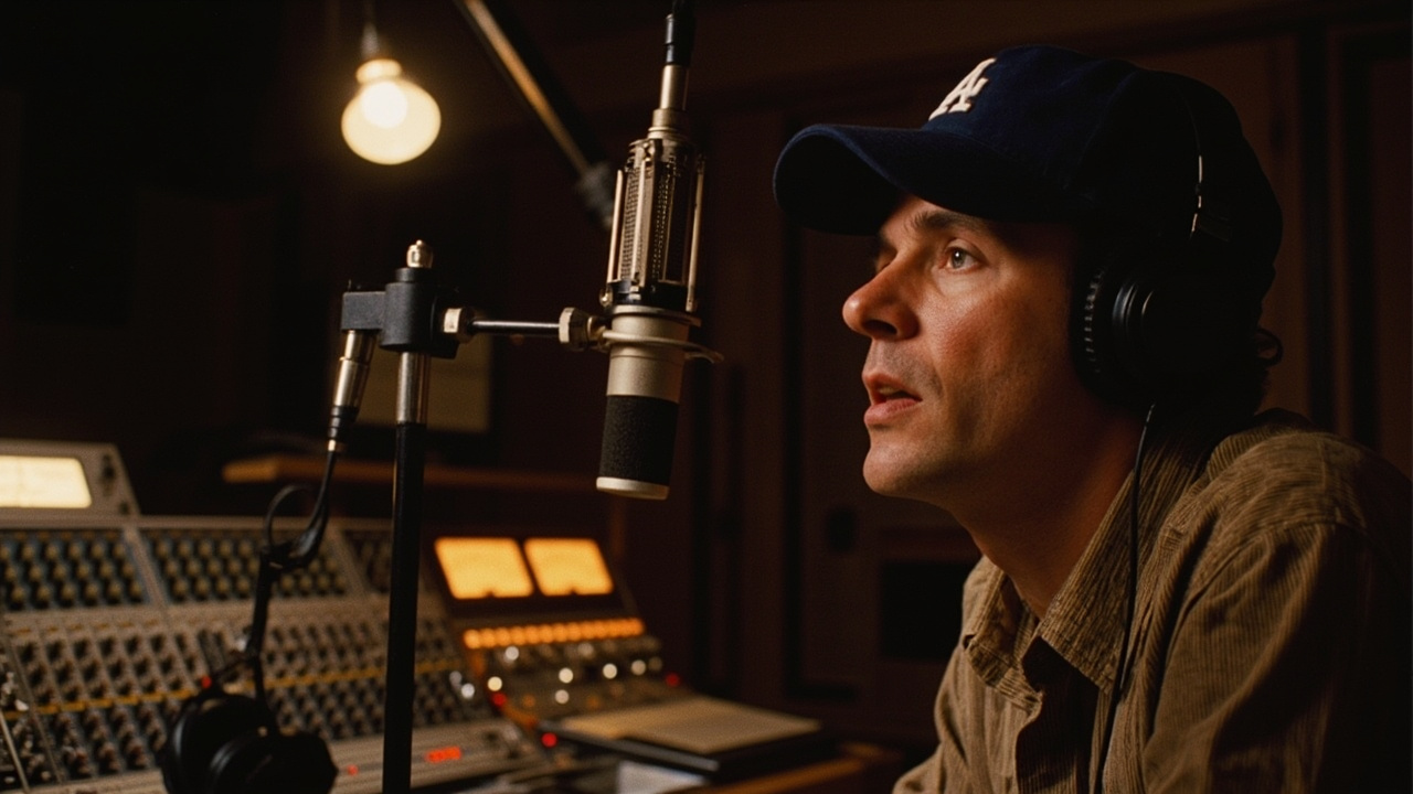 A classic 1990s radio studio with a large microphone on a swing arm, a Los Angeles Dodgers baseball cap hung on the microphone stand, headphones resting on a soundboard, warm lamp light.
