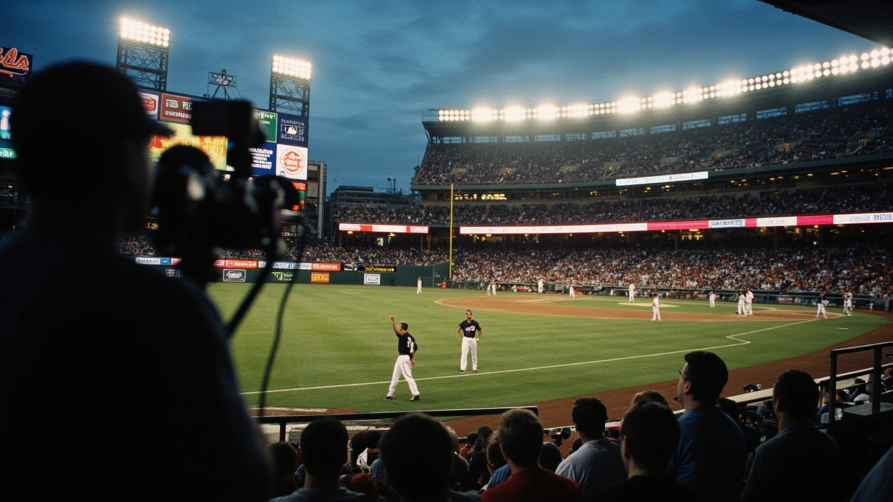 Citizens Bank Park Philadelphia at dusk, Braves and Phillies players warming up before a Sunday night game