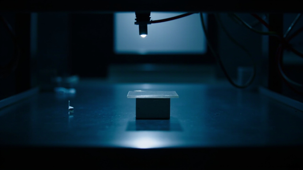 A Cerebras WSE wafer-scale chip under lab lighting on a dark bench, reflective silicon surface, cables off-frame.