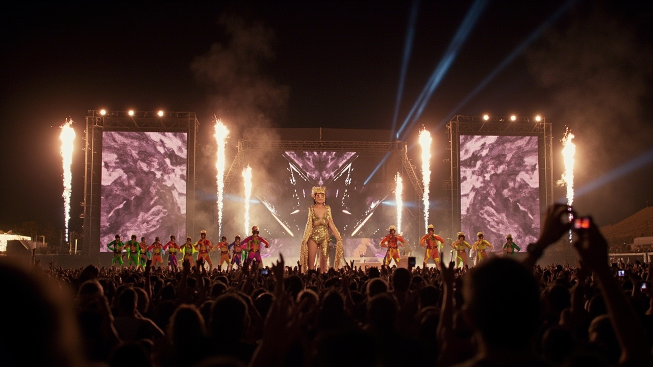 A performer in a gold-sequined stage outfit stands center stage at Coachella's main stage at night, surrounded by a large troupe of dancers and an all-female mariachi band, pyrotechnics behind.