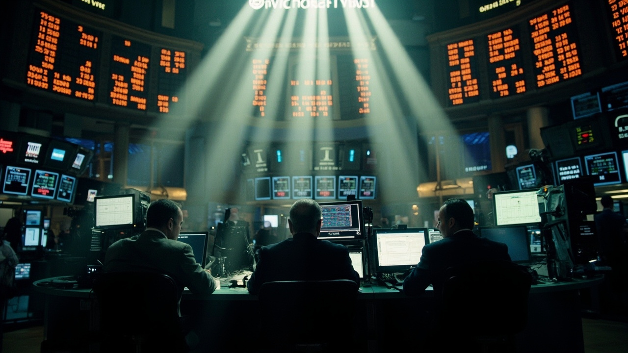 NYSE trading floor with digital ticker displays during market open, traders at terminals in morning light