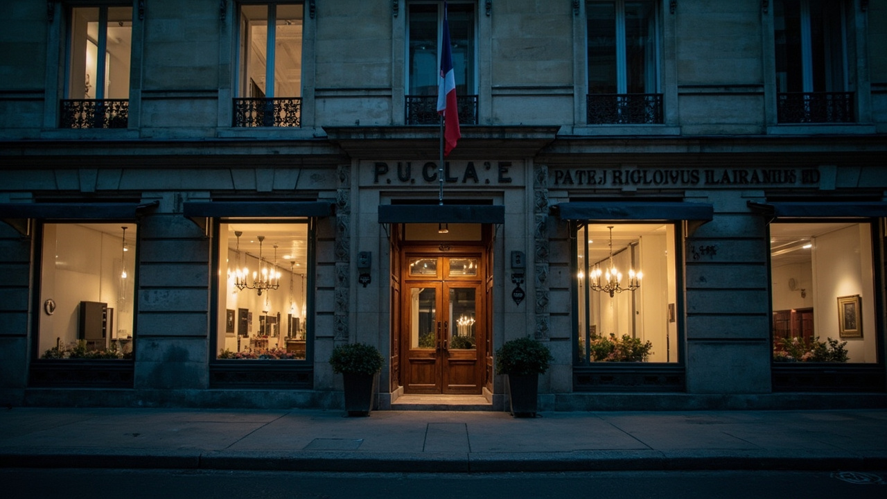 The Paris prosecutor's office building at dusk, French flag visible, empty sidewalk
