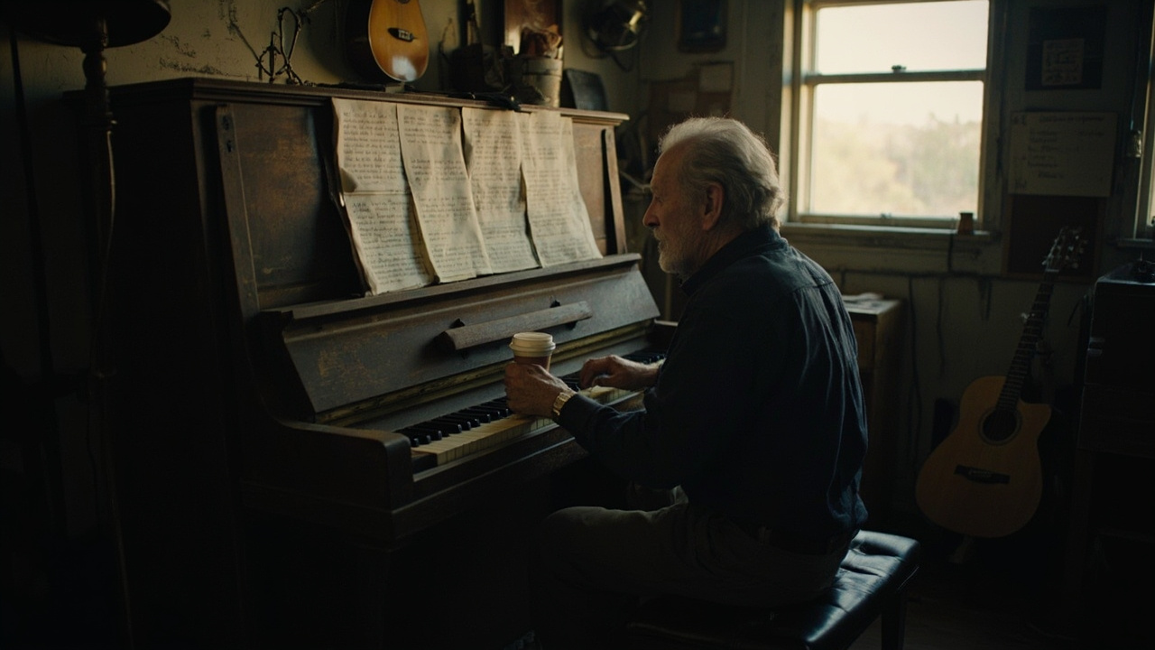 A songwriter at a weathered upright piano in a small Nashville writers room, late afternoon light through the window, handwritten lyric sheets scattered across the music rack, a coffee mug at the keys.