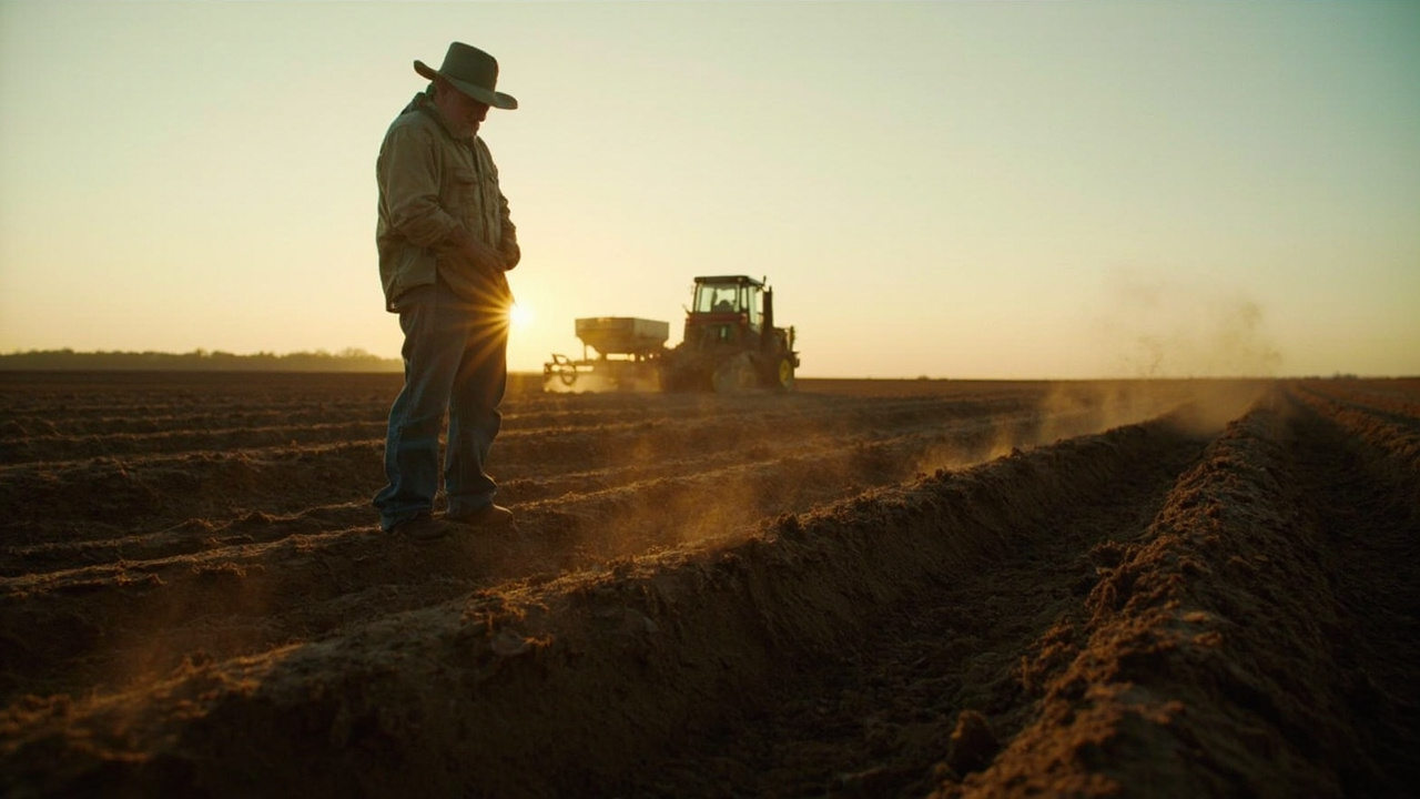 A farmer surveys dry, cracked soil in a Midwestern field at dawn before planting equipment starts