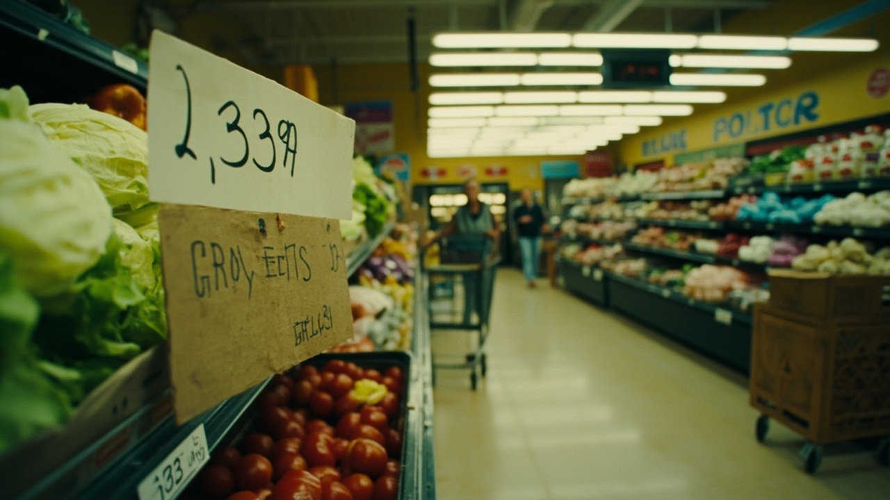 A small-town supermarket produce aisle midweek morning, sparse lettuce display, a handwritten price card taped over the old one, shopper's cart in frame.