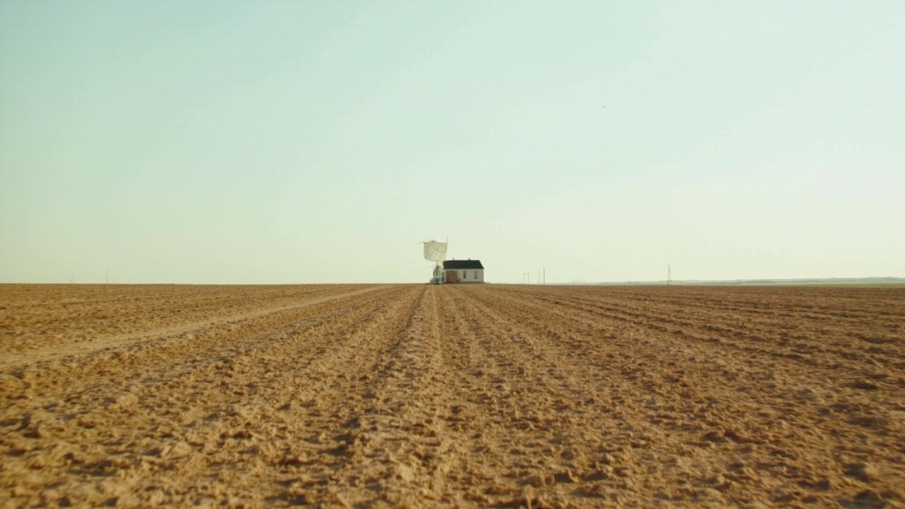 A parched American farmland stretched to a horizon where a thin Earth Day banner hangs at a rural school