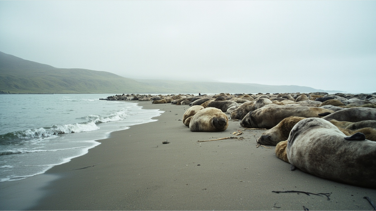 Southern elephant seal colony on a sub-Antarctic beach with adult females resting, grey overcast sky