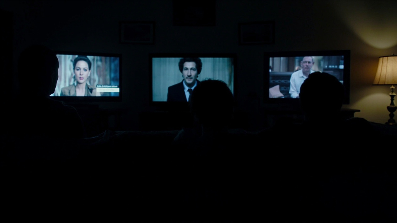 Three televisions in a dim living room, each showing a different prestige drama on Sunday night