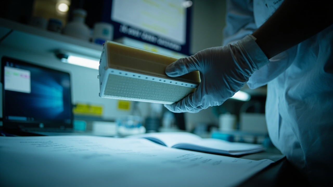 A gloved researcher's hand holding a sequencing flow cell over a lab bench with open documents and a laptop